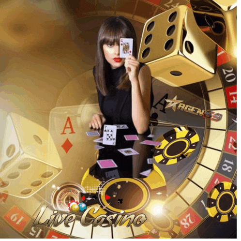 a woman holding a playing card in front of a roulette wheel with the words live casino on the bottom