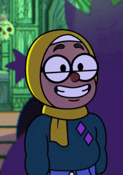 a cartoon character wearing glasses and a scarf