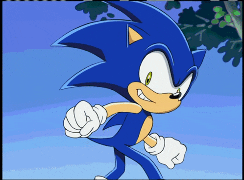 a cartoon drawing of sonic the hedgehog standing in front of a tree