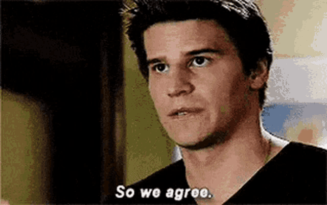 a man in a black shirt is talking to another man and saying `` so we agree . ''