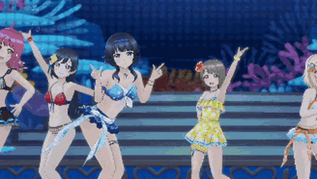 a group of anime girls in bikinis are dancing on stage