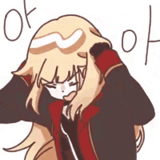 a cartoon of a girl with blonde hair and a red jacket holding her head .