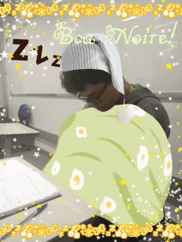 a cartoon of a man sleeping with the words " boa noite " on the top