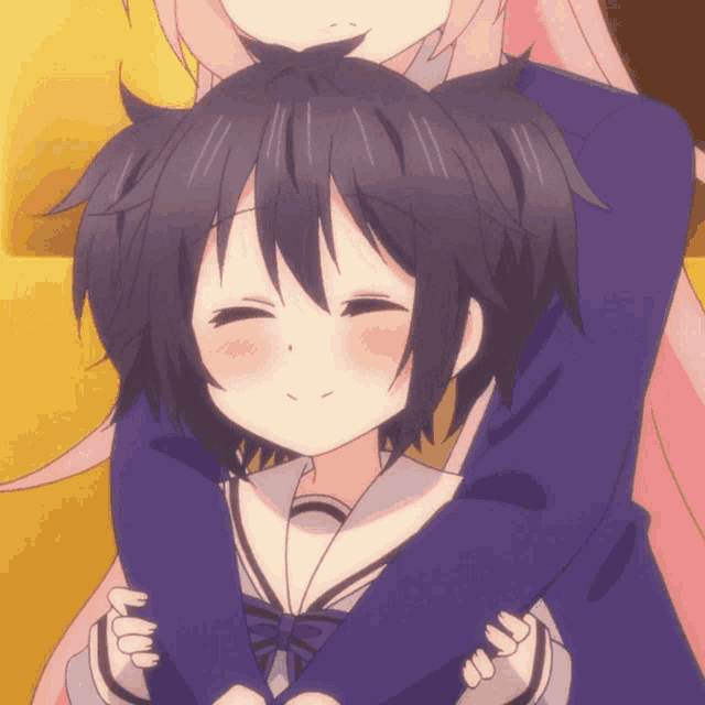 a girl with black hair is being hugged by another girl