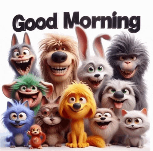 a group of cartoon animals are smiling with the words good morning below them