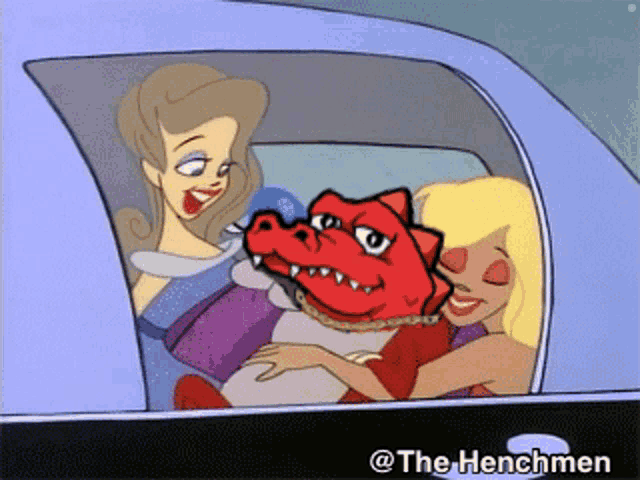 a cartoon of a woman hugging a dinosaur with the henchmen written on the bottom
