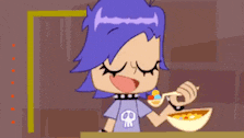 a girl with purple hair is eating cereal with a spoon