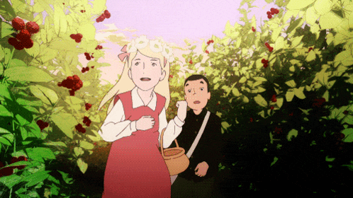 a girl in a red dress is holding a basket next to a boy
