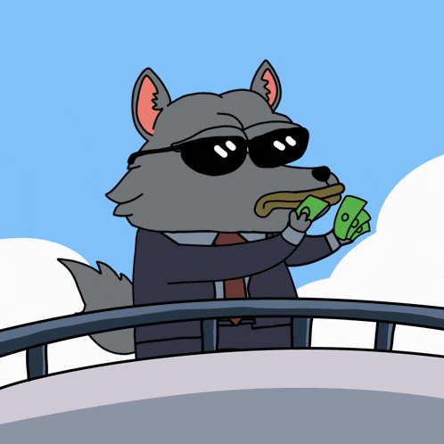 a cartoon of a wolf in a suit holding a bunch of money