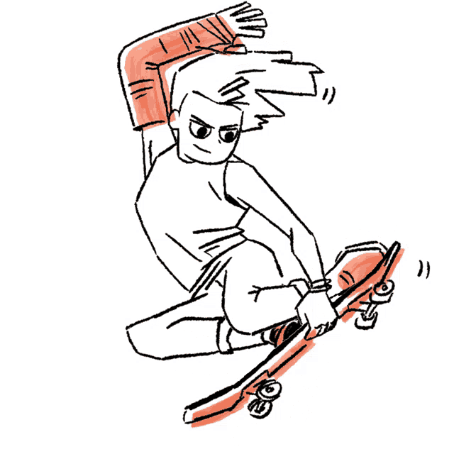 a black and white drawing of a person riding a skateboard with a red wheel