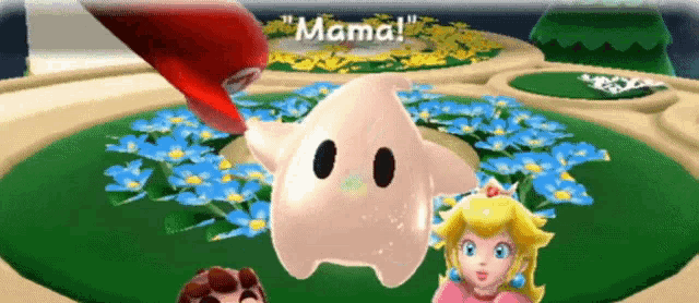 a video game scene with princess peach and a ghost named mama