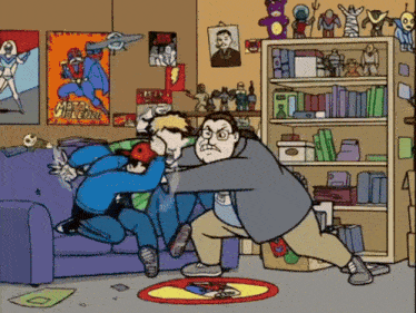 a cartoon of a man fighting another man in a living room with a poster on the wall that says marvel millennium