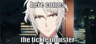 a picture of a man with a caption that reads here comes the tickle monster