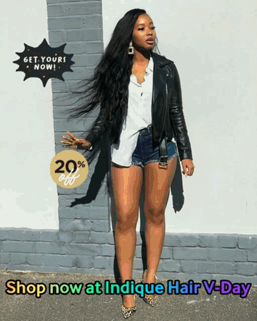 a woman is standing in front of a brick wall with the words shop now at indicque hair v-day