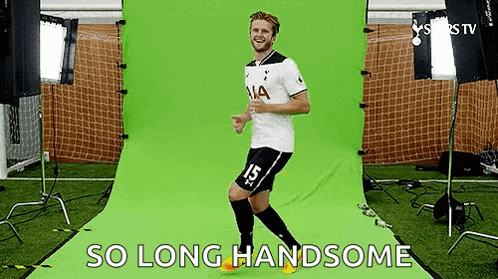 a soccer player is standing in front of a green screen and says `` so long handsome '' .