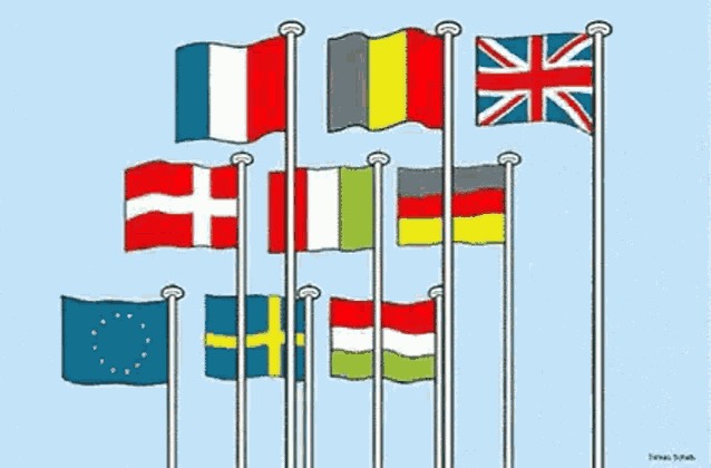 a cartoon of a ship with flags from different countries