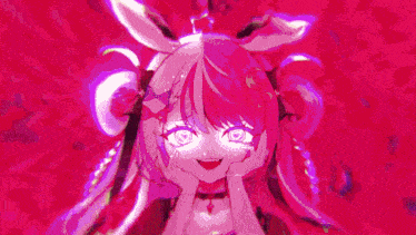 a pink anime girl with a crown on her head is making a funny face with her hands on her face .