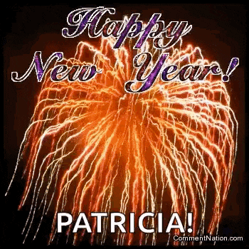 a happy new year greeting card with fireworks and the name patricia on it
