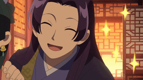 a cartoon character with purple hair is smiling and looking at the camera