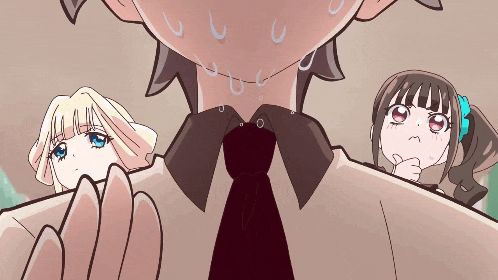 a cartoon drawing of a man with two girls behind him