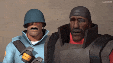 two soldiers are standing next to each other and one has a helmet on his head