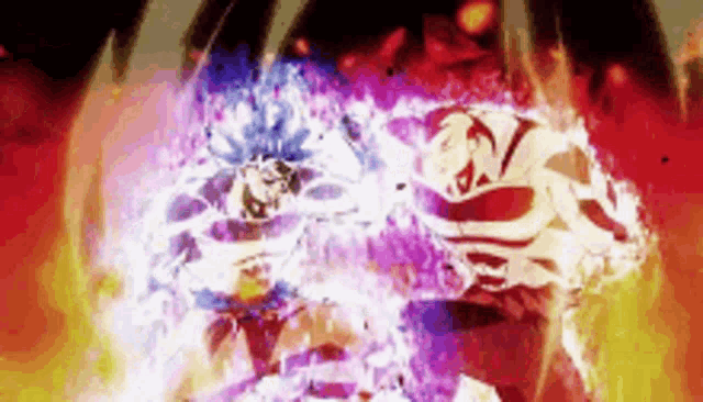 a couple of people are standing next to each other in front of a fireball .
