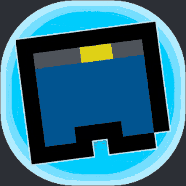 a blue square in a blue circle with a yellow border