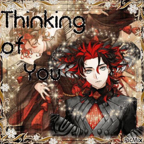 a picture of a man with red hair and the words thinking of you above him