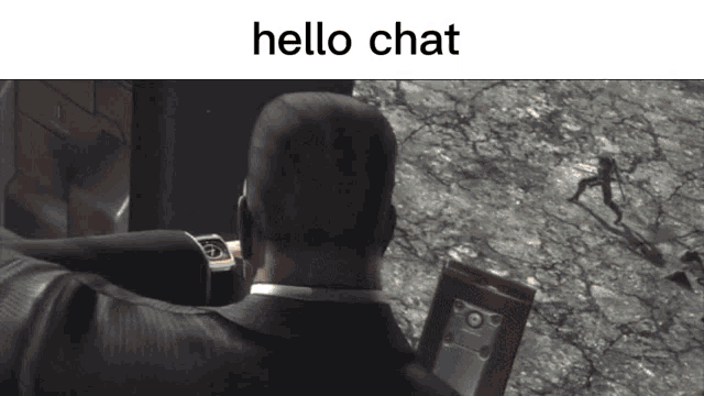 a man in a suit is looking at his watch with the words hello chat written below him