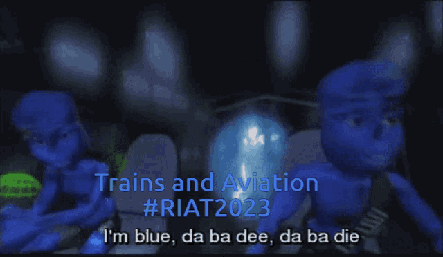 a poster for trains and aviation # riat2023 shows a baby and a man