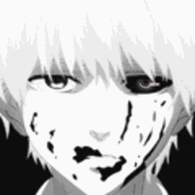 a close up of a person 's face with a red eye .