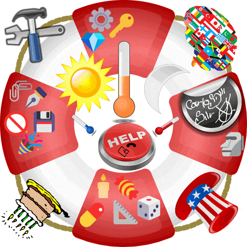 a help button is in the middle of a circle of icons