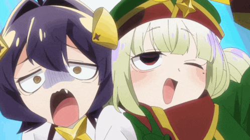 a couple of anime characters with one wearing a green hat