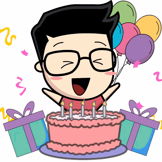 a cartoon character with glasses is celebrating a birthday