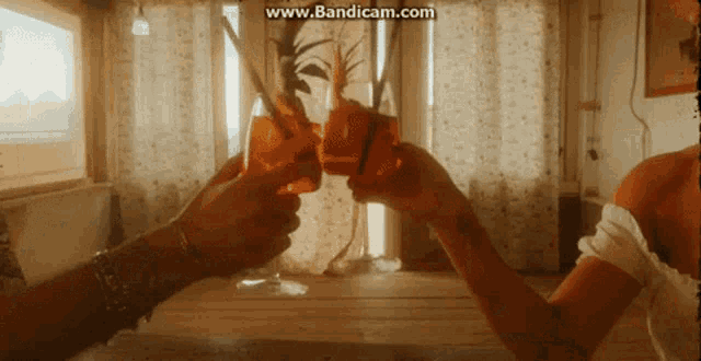 a man and a woman are toasting with drinks and the website www.bandicam.com is visible