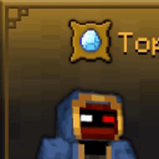 a cartoon character with a blue hood and a diamond in a gold frame