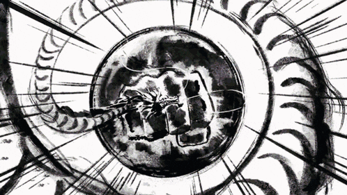 a black and white drawing of a fist in a circle with a snake coming out of it .