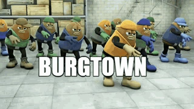 a group of cartoon characters with the word burgtown written on the bottom