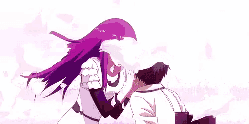 a woman with purple hair is touching a man 's face in a tokyo ghoul anime .