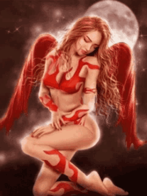 a woman with red wings is kneeling in front of a full moon .