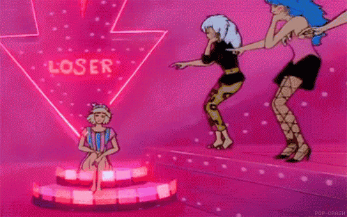 a cartoon of two women dancing in front of a sign that says " loser "