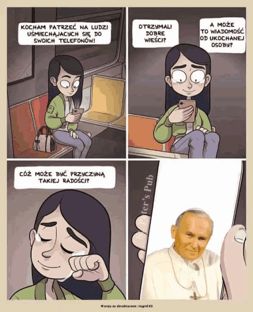 a cartoon of a woman crying while looking at her phone and a picture of the pope