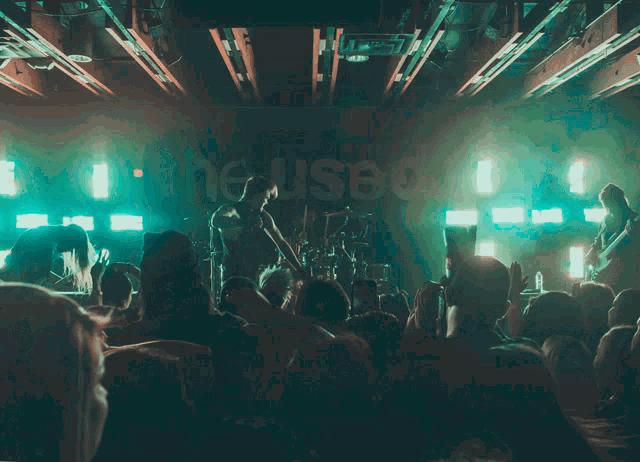 a crowd of people watching a band on stage with the word used behind them