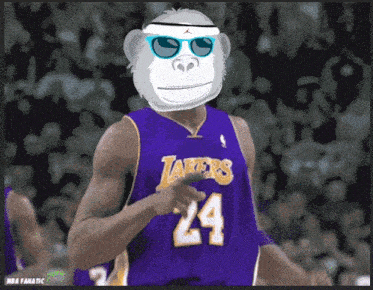 a basketball player wearing a monkey mask and sunglasses is wearing a lakers jersey
