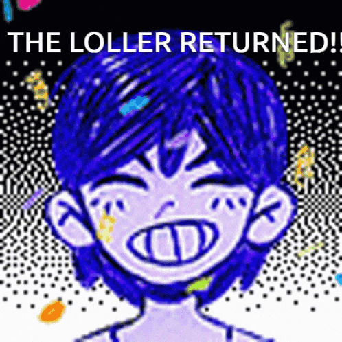 a cartoon of a boy with blue hair and the words " the loller returned " on the bottom