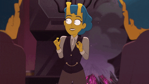 a cartoon character with blue hair and horns