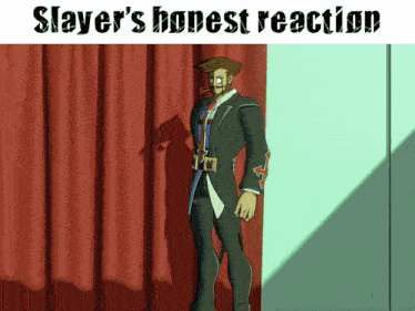 a man in a suit and tie is standing in front of a red curtain with the words slayer 's honest reaction below him