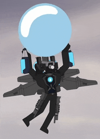a cartoon character is flying through the air while holding a blue sphere