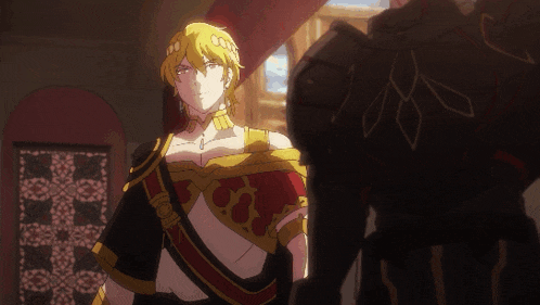 a man with yellow hair is standing next to another man with black armor