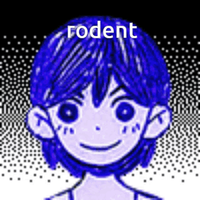 a drawing of a boy with blue hair and the word rodent written on it .